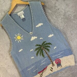 Vtg Mandal Bay Women's Beach Sweater Vest Blue Knit Palm Tree Boat Scene Sz XL‎